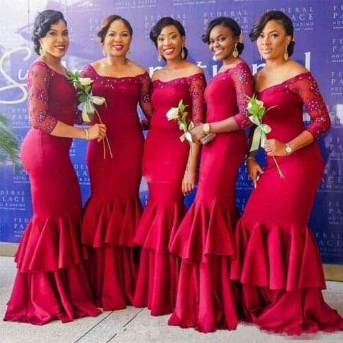 Custom Made Simple Cheap Off The Shoulder Long Sleeves Red Mermaid Wedding Guest Bridesmaid Dresses