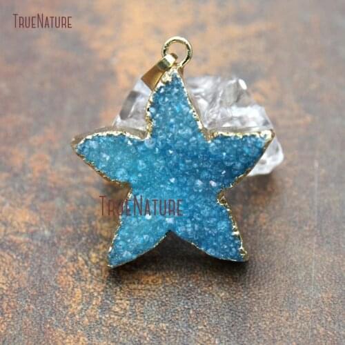 Latest Design Blue Druzy Crystal Single Bail Pendant Gold Sea Star Charm DIY Jewelry Accessory For Sale Approx 35*33 mm PM11189