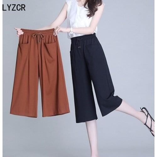 Wide Leg Capris Pants Summer 2021 Plus Size 6XL Loose Stretch High Waist Pants for Women Casual Straight Trousers Large Size