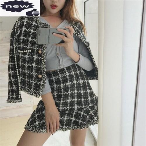 Sexy Ladies Mini Fishtail Skirt Tweed Jacket Two Piece Set O Neck Women Buttons Plaid Suit Tassels Short Coat Party Outfits Sets
