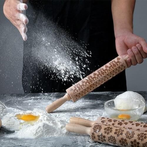 Transhome Christmas Embossing Rolling Pin 35-43 cm Fondant Cake Dough Laser Engraved Roller Snowflake Baking Cookies Tools