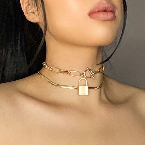 Vintage Female Gold Snake Chain Punk Thick Chains Necklaces For Women 2021 Fashion Multilevel Geometric Lock Pendant Jewelry