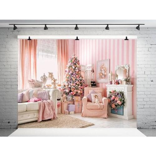 VinylBDS Pink Indoor Background Photography Christmas Curtain Sofa Backdrops Fotografia With Christmas Tree Fundo Fotografico