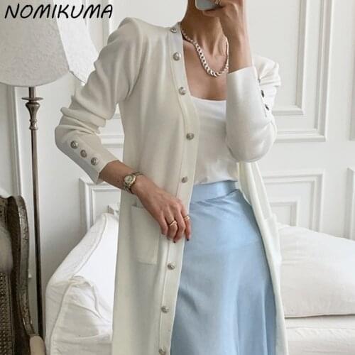 Nomikuma Knitted Sweater Long Coat Korean Single Breasted V-neck Knitwear Cardigan 2021 Autumn New Elegant Pull Femme 6L772