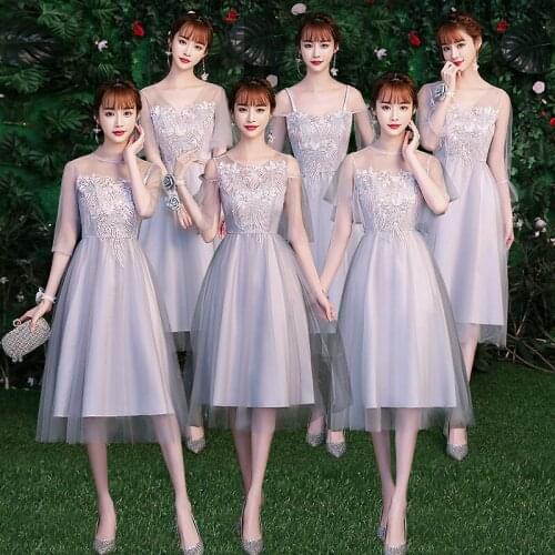 High Quality Women Summer Prom Party Elegant Flower Plus Size Gray Embroidery Illusion Tulle Bridesmaid Dresses