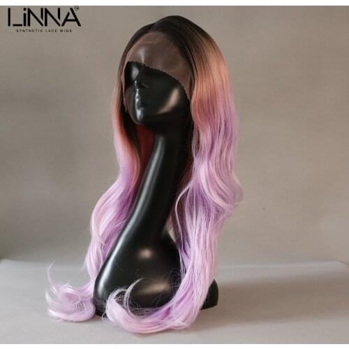 LINNA Body Wave Lace Front Wigs For Women Middle Part Lace Purple Pink Long Wavy Cosplay Wigs High Temperature Fiber Wigs
