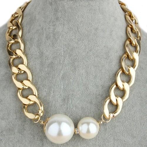 70% Hot Sell Womens Fashion Big Faux Pearls Curb Chain Choker Collar Statement Necklace