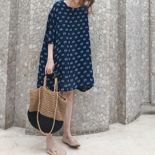 2020 summer new womens large art embroidered bat sleeve loose cotton linen dress