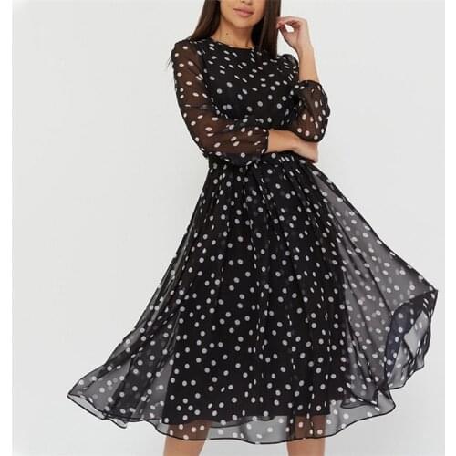 Spring Autumn Elegant Dot Print Long Sleeve Dress Round Neck Chiffon A Line Women Casual Dress Vintage Midi Vestidos 2021 New