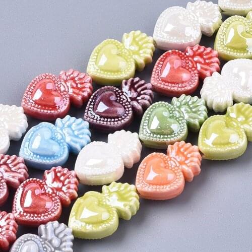 10PCS Handmade Porcelain Beads Bright Glazed Heart Mixed Color Beads For DIY Jewelry Making 16x10.5x6.5mm, Hole: 1.2mm