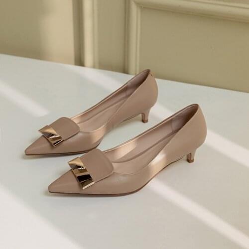 GUIDIBASIC2021Fashion Womens Shoes Pumps Shoes Genuine Leather Pointed Head Thin Heel Metal Decoration D22-Imini-TX03-33