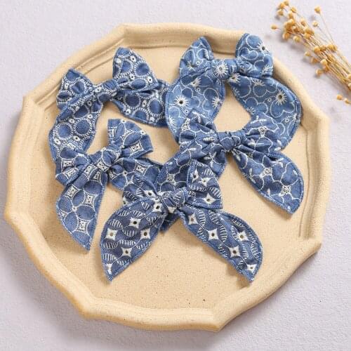 30 Pcs/Lot,Fashion Embroidery Hair Bow Hair Clips Kids Jeans Fabric Bows Nylon Headband for Baby Girls Nylon Turban Hairpins