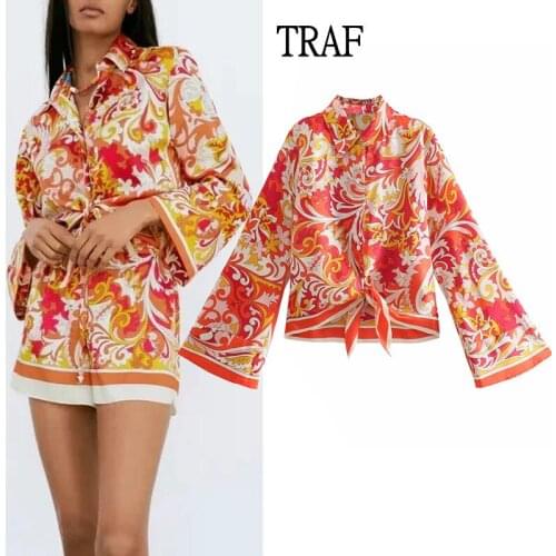 TRAF Women Blouse Top 2021 Za Bowknot Print Long Sleeve Summer Blouse Casual Women Clothing Vintage Top Chic Female Shirt Blusas