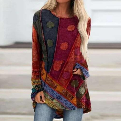 3XL Sleeve Women Long Sleeve Ethnic Print Blouse Plus Size Solid Shirt Casual O Neck Retro Thin Female Tunic Womens Top Blouses