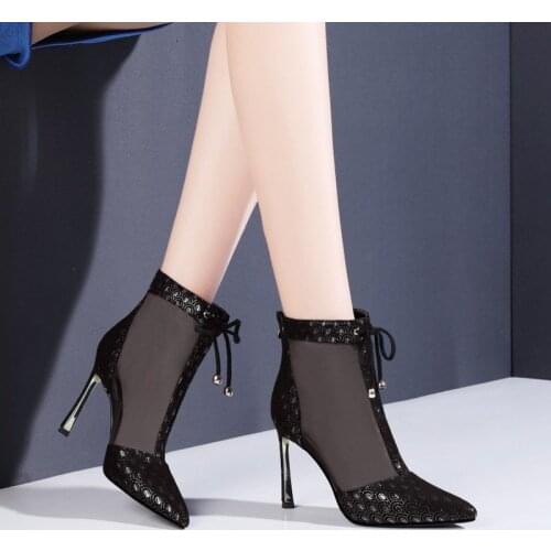 Fashion Women Ankle Boots Pointed Toe Short Botas Pointed Toe Bow Design Thin Low Heels Back Zipper Fashion Boots Air Mesh Boots