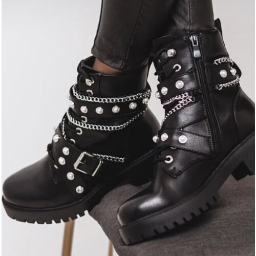 Punk Martin Boots Women Shoes High Top Chains Pearls Women Ankle Boots Thick Heels Black Thin Streetwear Motorcycle Boots