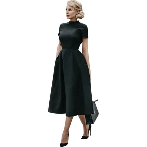 Black Dress Elegant Summer Woman Dresses Vintage Solid A-Line Party Dress Short Sleeve Fashion Midi vestidos Bodycon Dress