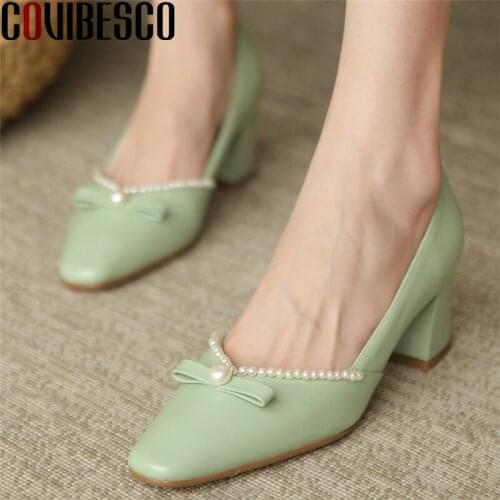 COVIBESCO Autumn Summer Women Pumps Elegant Fashion Pearl Shallow Genuine Leather Thick Heels Office Lady Party Shoes Woman 2021