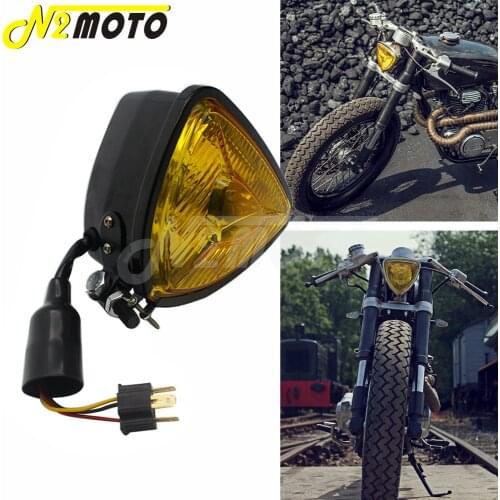 For Harley Cafe Racer Chopper Motorcycle Triangle Headlight Amber Front Head Lamp H4 12V Lighting Retro Lighthouse Yellow Lens
