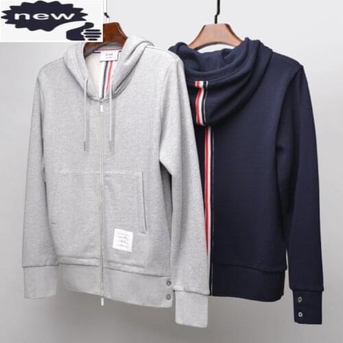 2021 Fashion TB THOM Brand Stripe Hooded Clothing Slim Cotton Jacket Men Women Sweatshirts Hoodies Male Casual Sportswear Coat