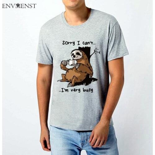 Envmenst Cotton Mens T-Shirt Sloth Drinking Coffee Sorry I Can't I'm Very busy tshirt Tops Off White One Piece Short Sleeve Tee
