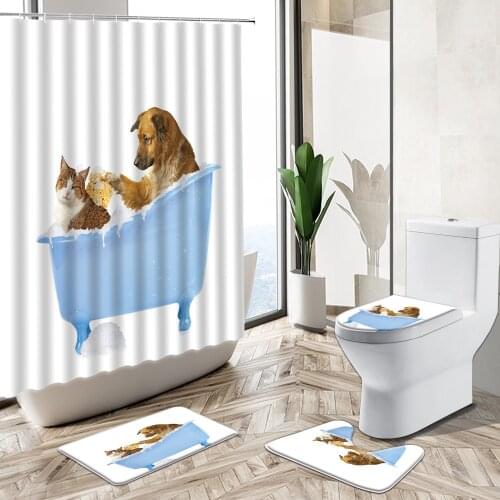 3D Bathing Cat Dog Animal Print Waterproof Fabric Bathroom Shower Curtains Set Fun Pets Anti-Skid Rugs Toilet Lid Cover Bath Mat