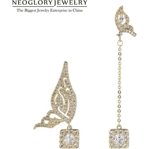 Neoglory Anti Allergy AAA+ CZ Butterfly Asymmetric Long Earrings For Women Korean Exquisite Fashion Sweet Ladies Jewelry Gifts