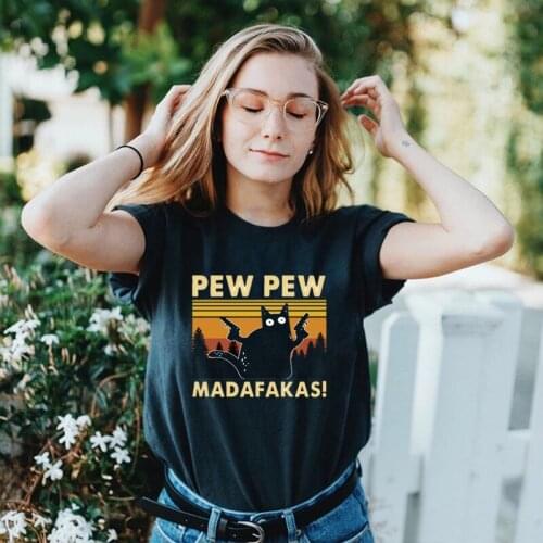 2021 New Cat Pew Pew Madafakas Print Women T-Shirt Vintage Aesthetic Short-sleev Tops Harajuku Female Summer Streetwear Tees