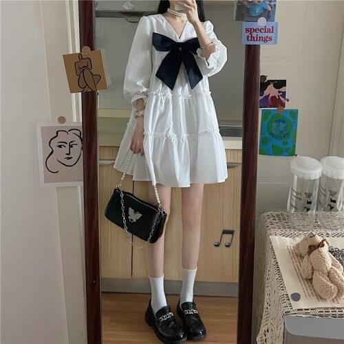 2021 New Spring Autumn Women Elegant Korean Sweet Mini Dress Puff Sleeve V-neck Front Bow White Dresses Femme Mujer Y349