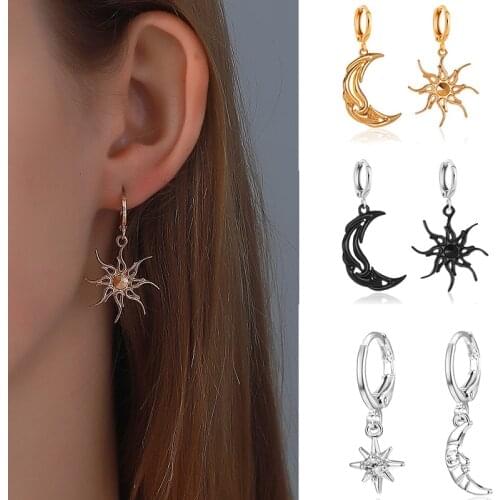 Asymmetric Sun Moon Dangle Earrings For Women Short Hollow Star Moon Hoop Earring Ear Buckle Girls Fashion Brincos Jewelry