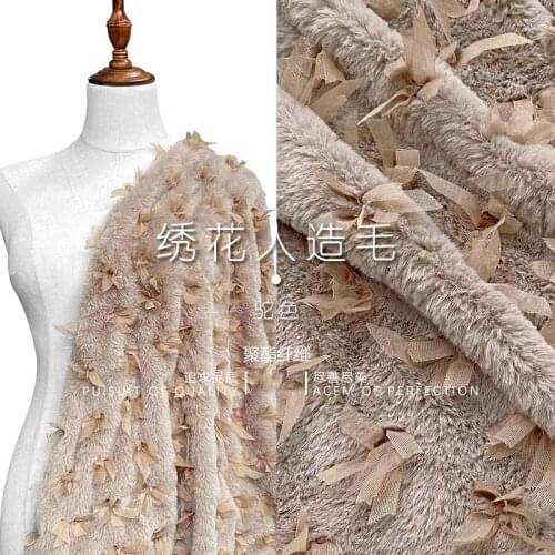 Embroidered artificial wool ● camel color Khaki bow contrast imitation fur fabric coat hand made fabric