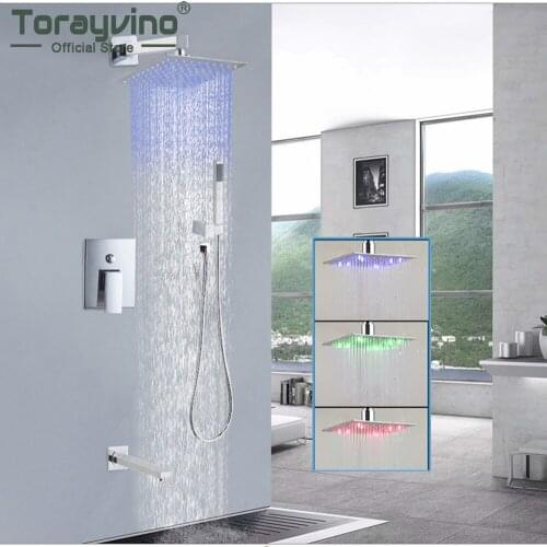 Torayvino LED Chrome Concealed Wall Mount Rainfall Bathroom Shower Faucet Set 8" 12" 16" Head With Swivel Tub Spout Mixer Tap