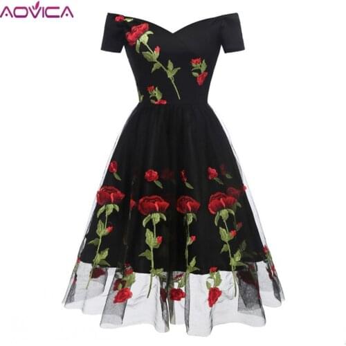 Aovica Rose Embroidery Vintage Dress Slash Neck Short Sleeves High Waist Swing Dress 60s Retro Vestidos Black Mesh Party Dress