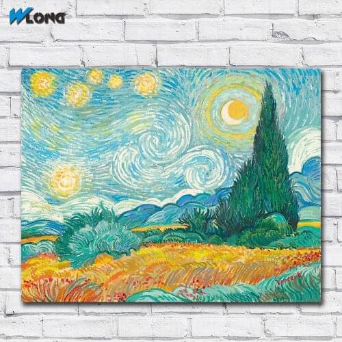 Wlong Home Decor Wall Art Starry Night With Wheat Field Oil Painting On Canvas Picture Wall Paintings for Living Room No Frames