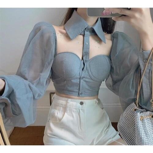 Blouse Woman Off Shoulder Long Leeve Polo Shirts Mesh Halter Elegant Sexy Crop Top G1950