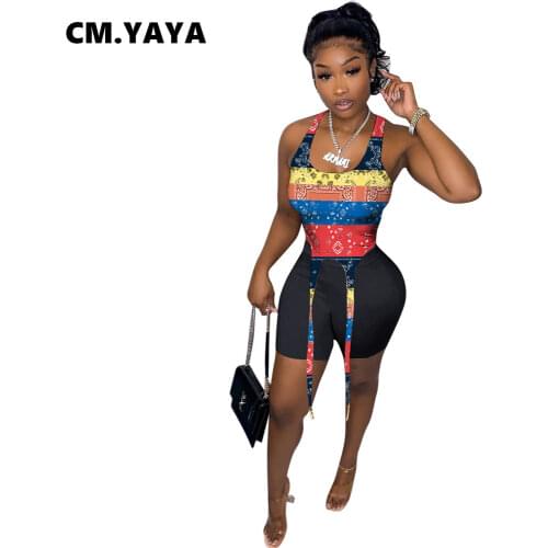 CM.YAYA Women Set Print Sleeveless Crop Tanks Tops Strechy Shorts Two 2 Piece Sets Active Tracksuit Sweatsuit Summer Outfits