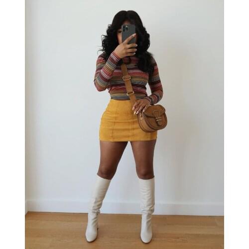 RMSFE 2021 Ladies Knitted Long Sleeve High Neck Fashion Casual Stripe Printed Pit Strip Pullover Top T-Shirt