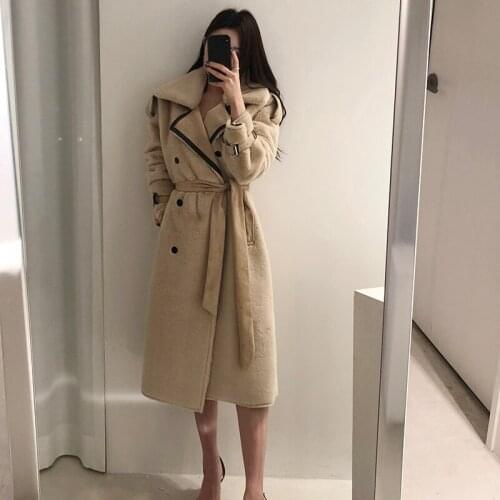 Women Elegant Long Wool Coat With Belt Solid Color Long Sleeve Chic Outerwear Ladies Overcoat Autumn Winter 2020