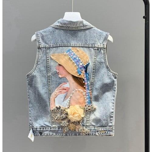 2021 Fashion The New Heavy Work Embroidery Sequin Three-dimensional Flower Hole Washing Water Cowboy Vest Free Shipping
