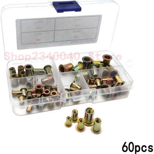 60Pcs/set Zinc Plated Rivetnuts Blind Set Knurled Nuts Rivnut Flat Head Threaded Rivet Insert Nutsert Cap Rivet Nut M3 M4 M5 M6