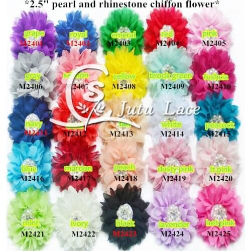 60 pcs / lot , 2.5 '' chiffon Flowers with Pearl , fabric flower for headband