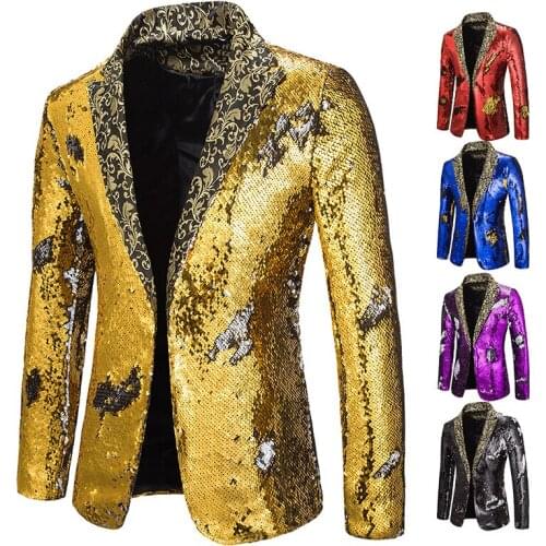 Gold-silver Shiny Mens Blazers Slim Fit Jacket for Men Plus Size Graduation Party Prom Coat Gold Lapel Fashion Stage Costume
