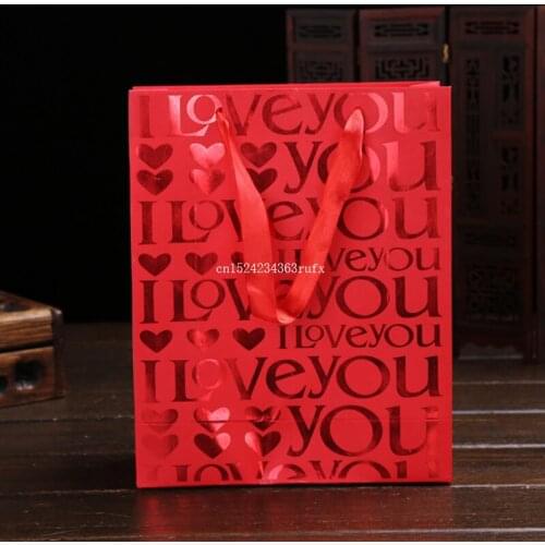 200pcs "I Love You" Letter Red Gift Paper Bags Portable Candy Bags Love Heart Pattern Gift Bag Wedding Favors Gifts 25x9.3x20cm