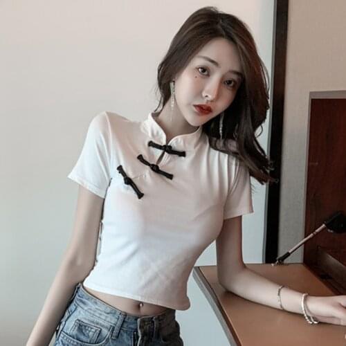 Black Cheongsam Top 2021 Asian Streetwear T Shirt Crop Tops For Teens Chinese Style Clothing Women Gothic Crop Top Femme KK3699