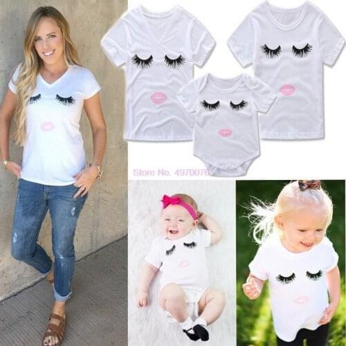 DHL 100pcs Mom and Daughter Matching Clothes Women Mother&Kids Summer Short Sleeve Eyelash Bodysuit T Shirts Clothes