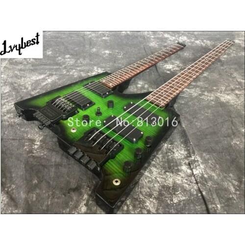Double necks Headless Electric guitar with Flamed Maple top, 6 string Guitar + 4 string Bass Combo,Green color,24F Guitar