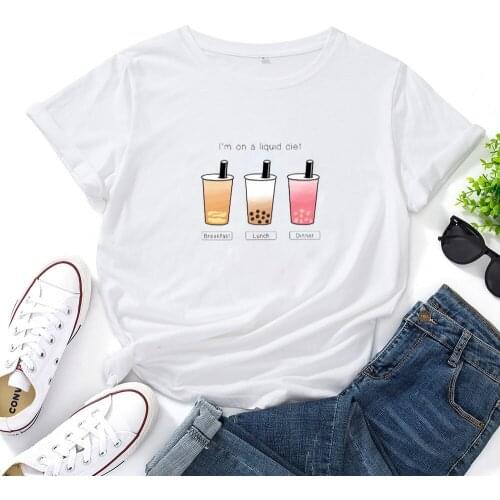 Drinks Milk Tea Tshirts Women Top Funny Cute Woman Tshirt Fashion Casual T-shirt Woman Loose Versatile Simple Top