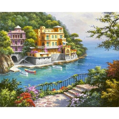 CHENISTORY 60x75cm Frame Painting By Numbers Seaside Resort Scenery Oil Paint Kits Modern Home Living Room Wall Decoration Arts