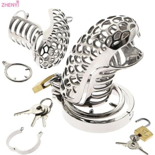 Stainless Steel Snake-Shaped Chicken Cage Erotic Equipment Chastity Cage Prison Penis Ring Male Chastity Lock Sex Toys Cock Lock