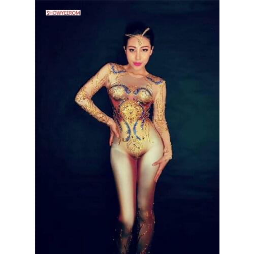 Womens sexy gold rhinestone shimmering deluxe bodysuit jumpsuit jumpsuit model dance singer nightclub stage costume